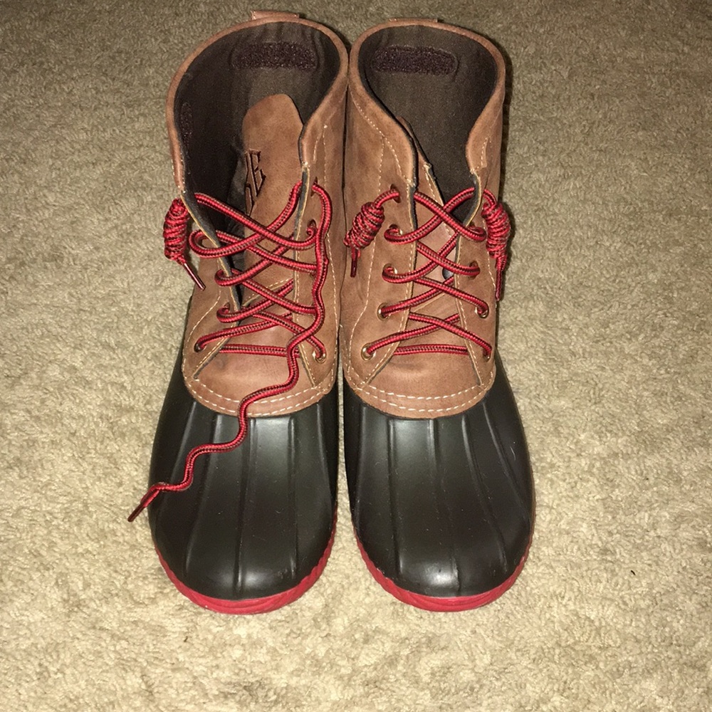 Marleylilly duck boots red brown rubber boots size 8 monogram “MBE”